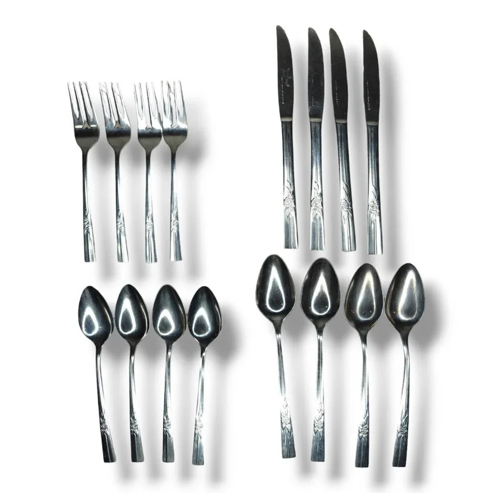 Vintage Epic Custom Stainless Flatware Floral Rose Service Set For 4
